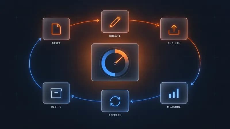 Content lifecycle loop diagram: six frosted glass stage cards labelled BRIEF, CREATE, PUBLISH, MEASURE, REFRESH and RETIRE arranged in a ring around a central gauge, deep navy background with orange and blue accents