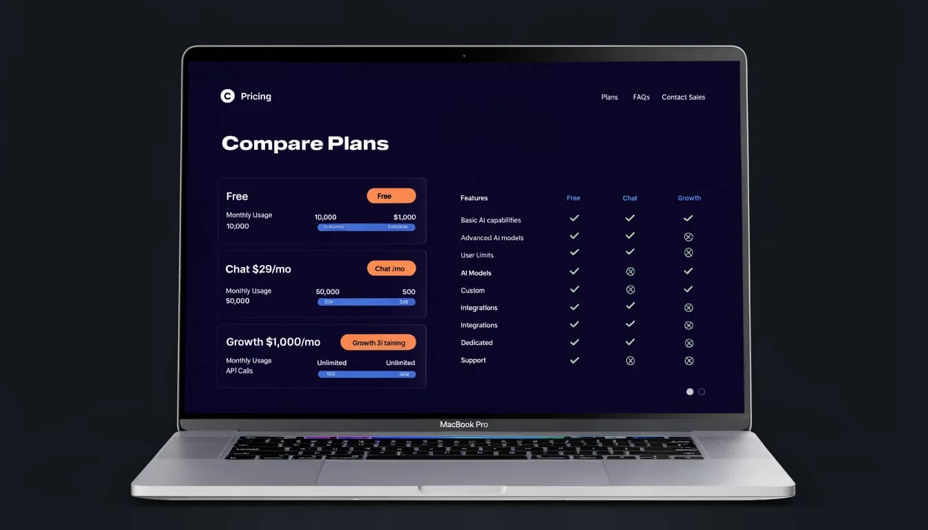 Copy.ai pricing comparison dashboard showing Chat plan at $29/month and Growth plan at $1,000/month side by side