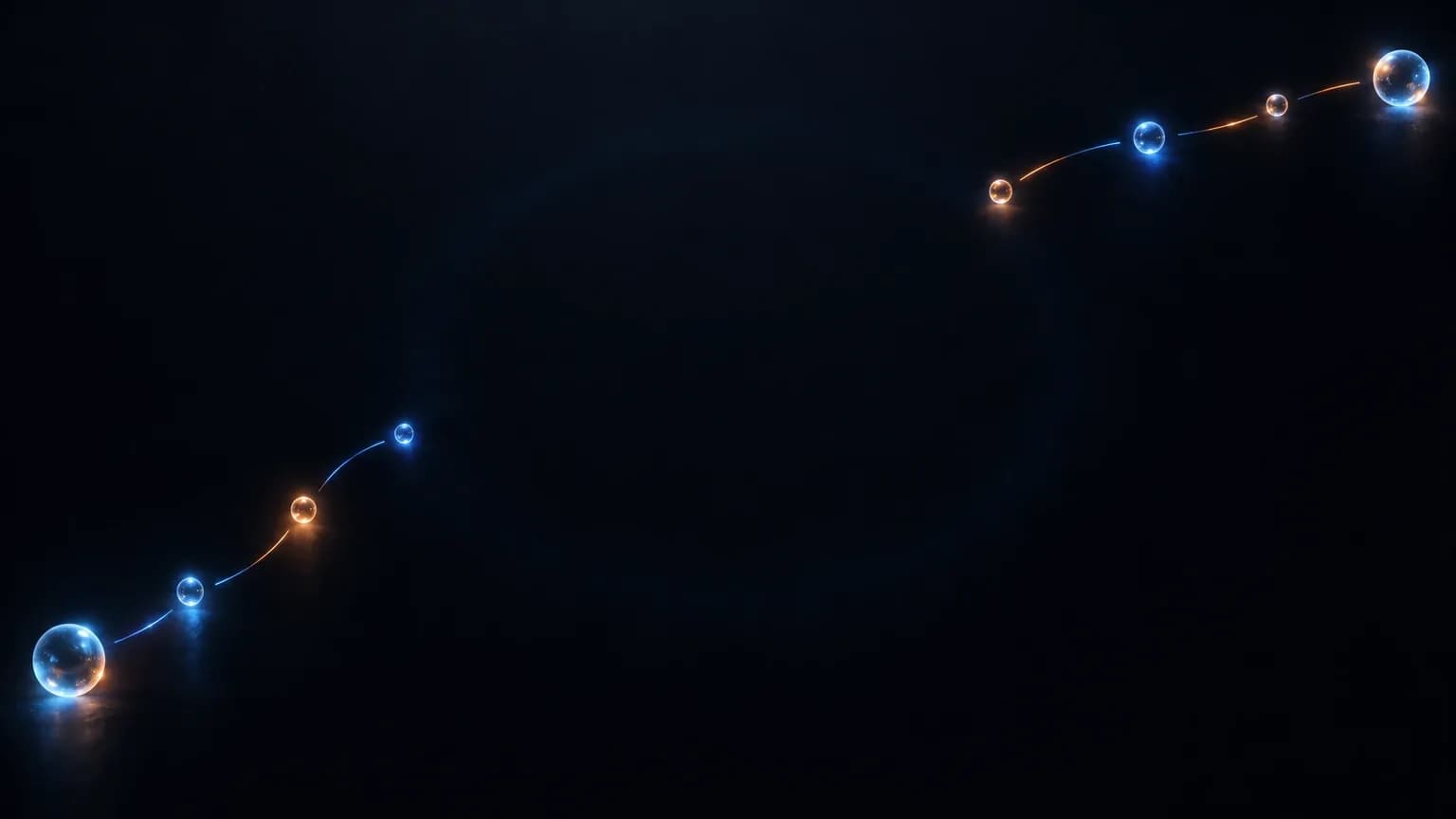 Glowing nodes forming two broken routes separated by a wide empty dark gap