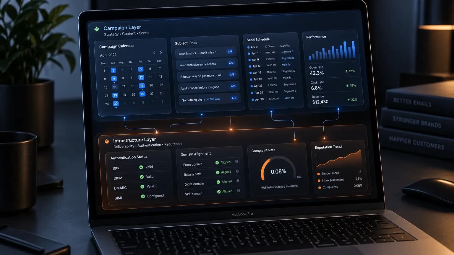 Email marketing agency scope: a dark dashboard with a campaign layer stacked above an email infrastructure layer on a laptop screen