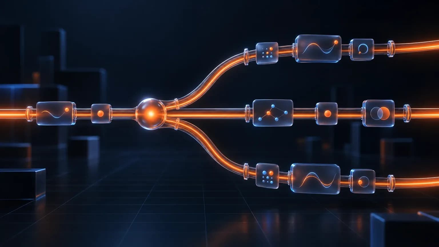 Three diverging glowing paths over a deep navy background with orange and blue accents, the three routes a buyer can choose between for marketing automation work