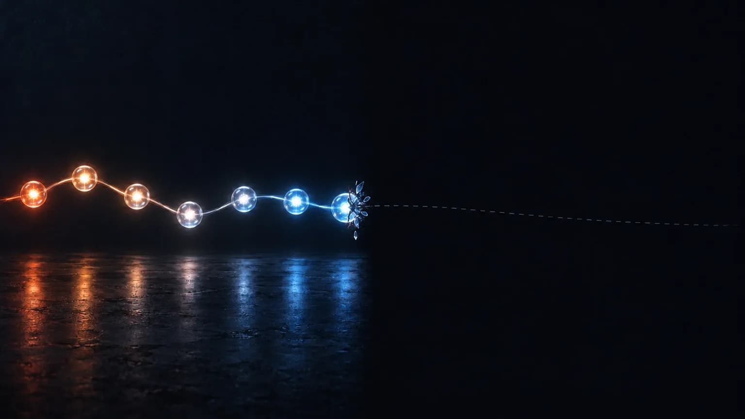 A chain of glowing nodes running left to right over dark ground, ending where a pale dashed line continues into empty darkness