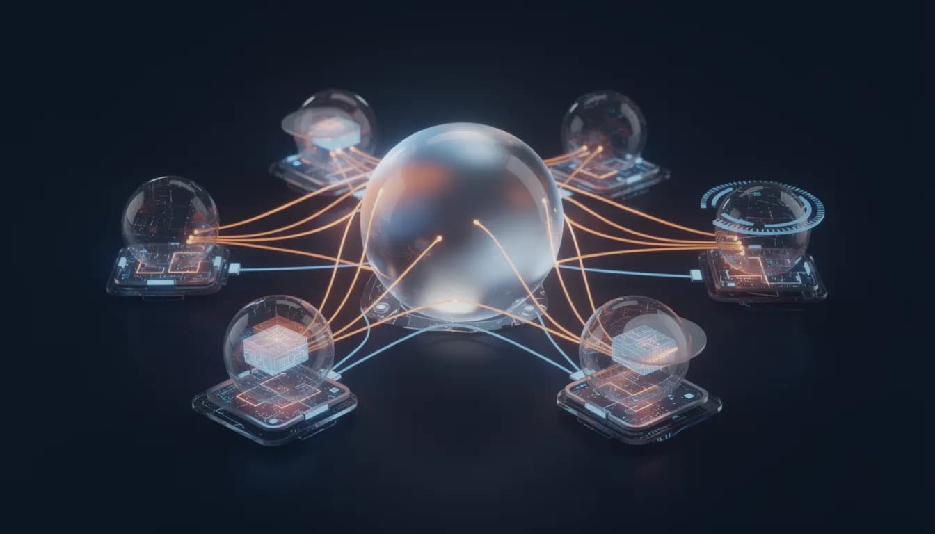 Profound Alternatives — abstract 3D visual of a central glass sphere receiving glowing brand-mention signals along filaments from multiple AI answer engines, dark navy background with orange and blue accents