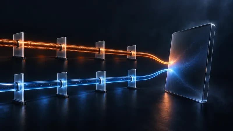 Two lit planning conduits, one warm and one cool, converging through glass checkpoints onto a single dark slab representing the website both roadmaps write to