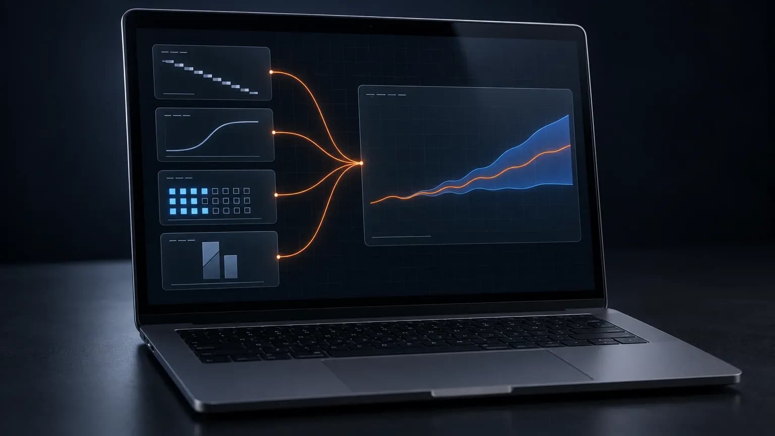 An open space-gray MacBook Pro at a three-quarter angle on a dark desk, its screen holding four stacked glass panels on the left, each with one abstract diagram: descending steps, a smooth S-shaped curve, a cell grid half filled in blue, and a notched pair of bars. Four thin orange connectors run from the panels and braid into one wide output panel on the right, where a single forecast line opens into a widening translucent blue uncertainty band.