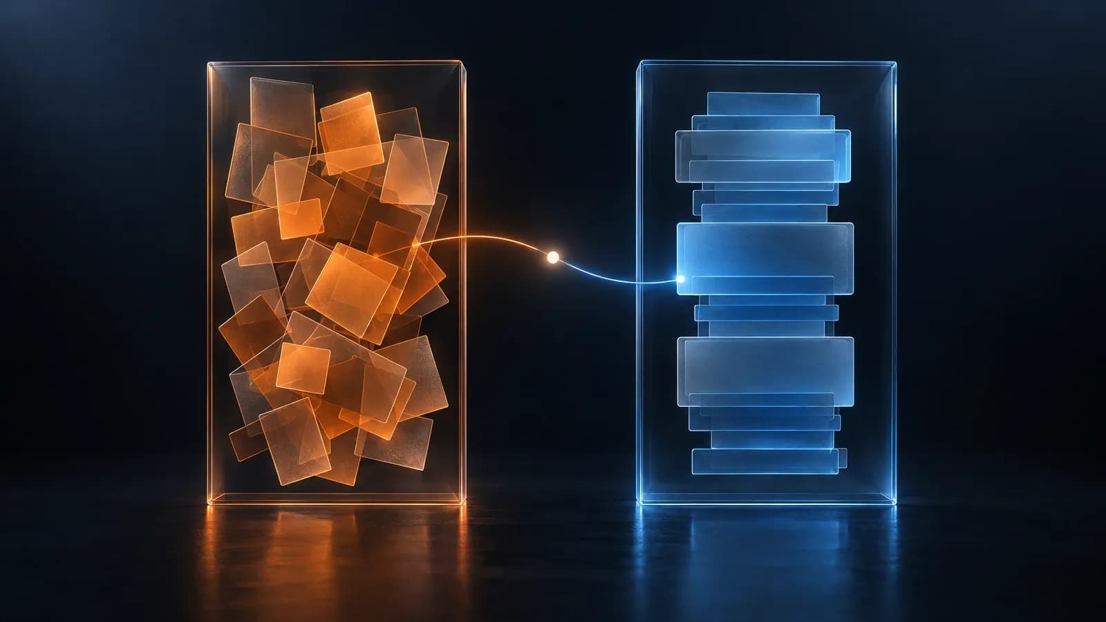 Two glass panels facing each other, one holding scattered shapes and the other holding the same shapes in order, joined by a single glowing line