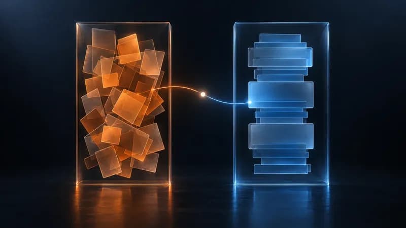 Two glass panels facing each other, one holding scattered shapes and the other holding the same shapes in order, joined by a single glowing line