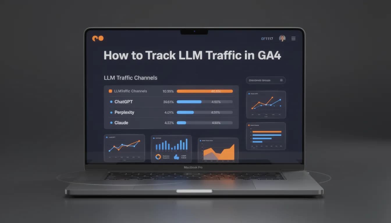 GA4 LLM traffic channel groups dashboard — ChatGPT, Perplexity, Claude sessions, dark UI