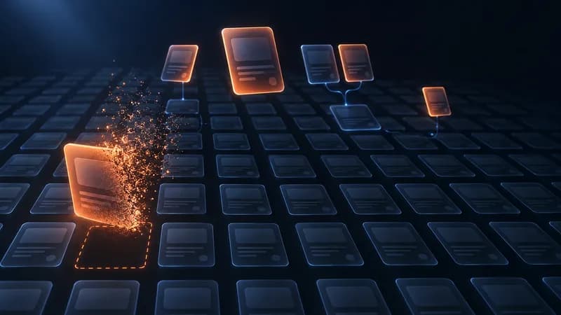 Dark interface showing a deep grid of page cards, most of them dimmed and receding, a few lit in orange and lifting out of the grid, and one card near the front dissolving into particles beside its empty dotted slot