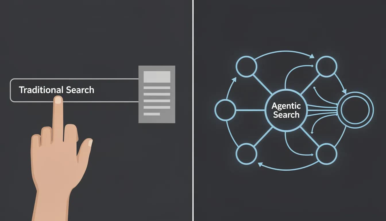 Agentic Search vs Traditional Search 2026 — Human searcher vs AI agent searcher split comparison visual