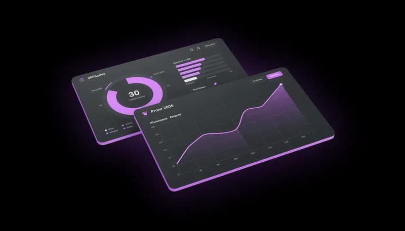 Marketing Analytics — cascading stack of metric cards with vivid purple spotlight, pure black background